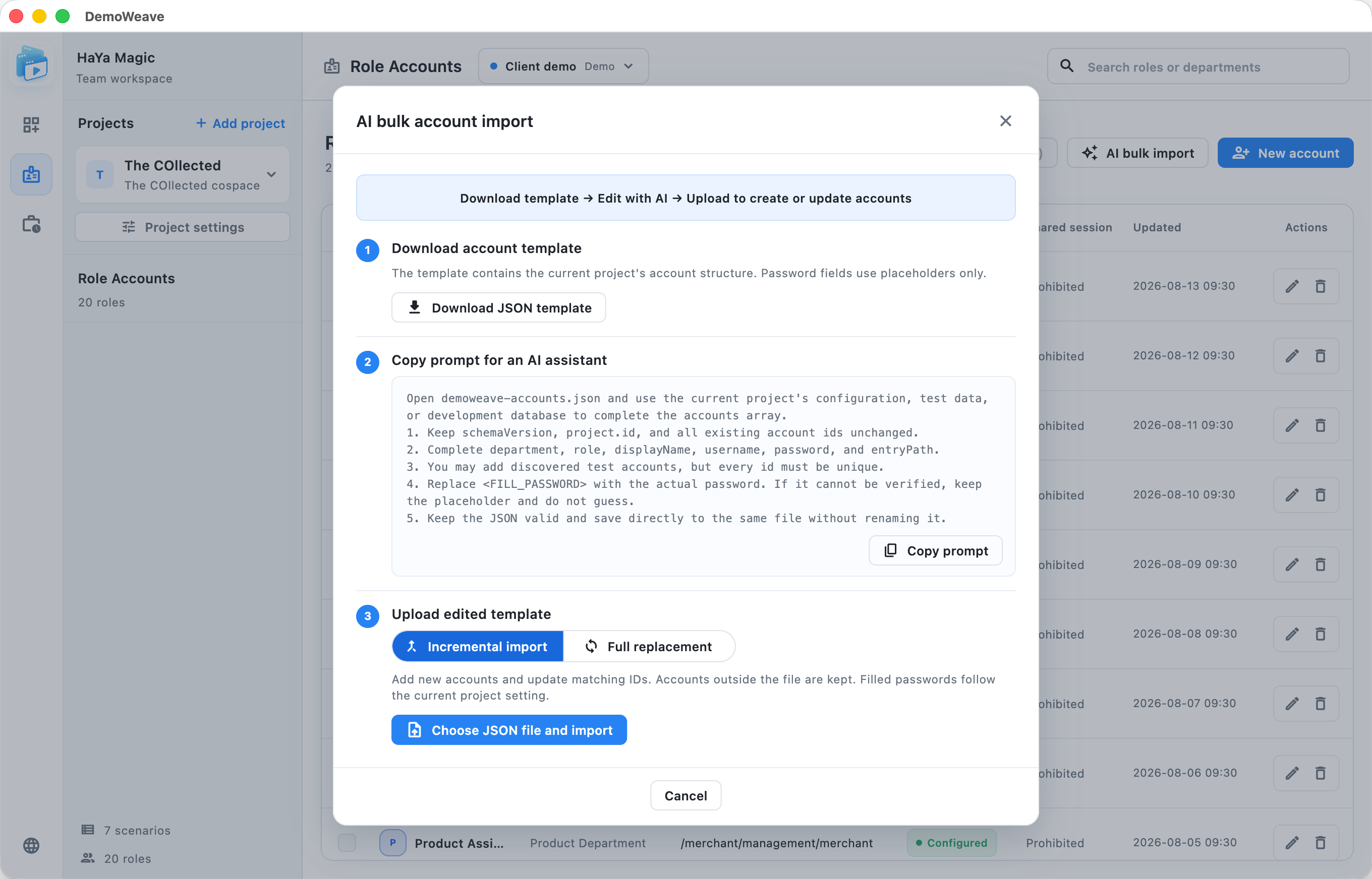 DemoWeave AI bulk account import workflow