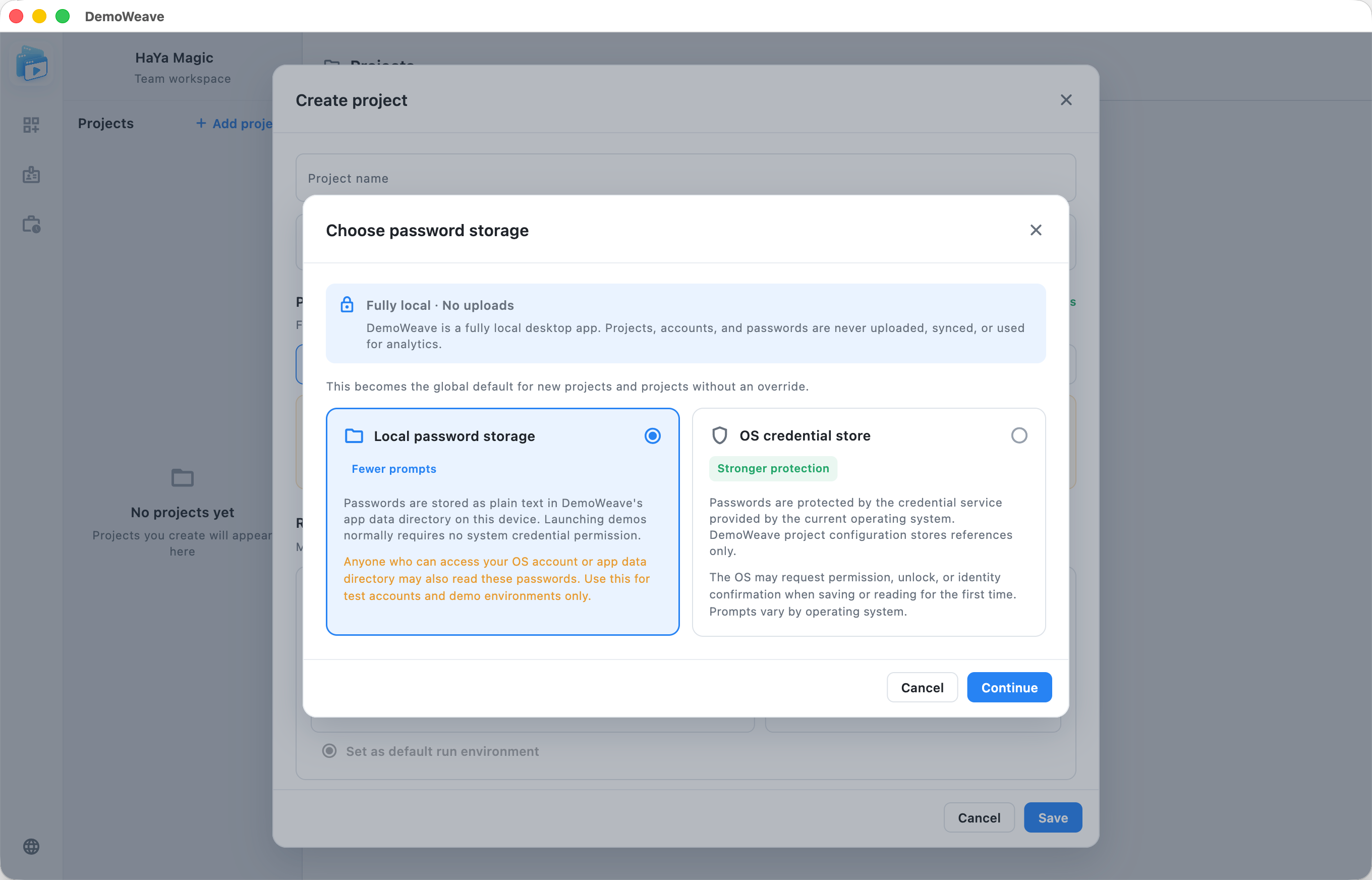 DemoWeave password storage choice showing local storage and operating system credential store options