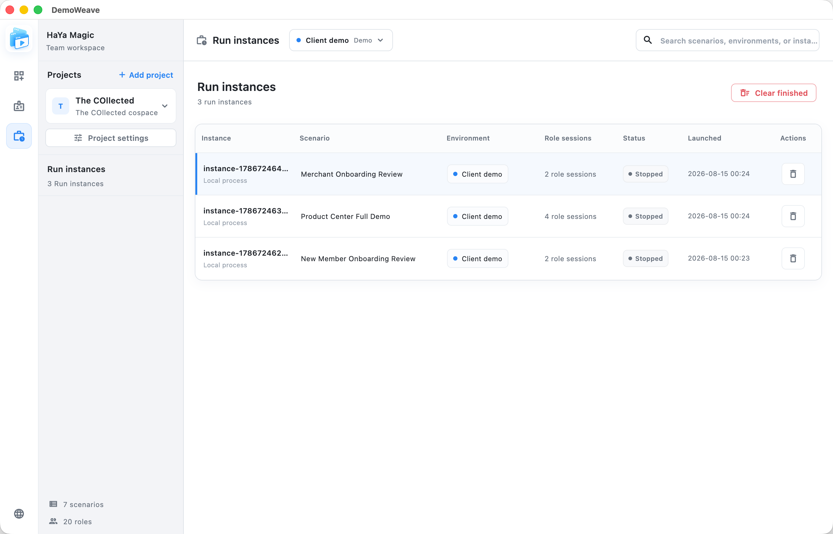 DemoWeave running instance list